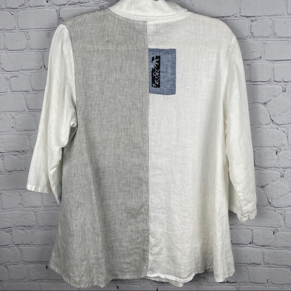 ODILE 100% linen button down white blue contrast shirt top, size S - Picture 2 of 13